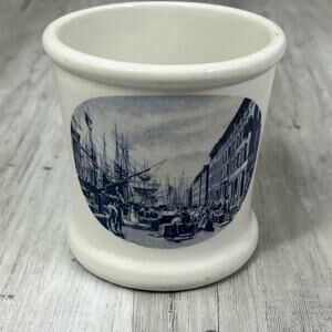 Vintage White Shaving Mug With Busy Ship Dock Scene In Blue